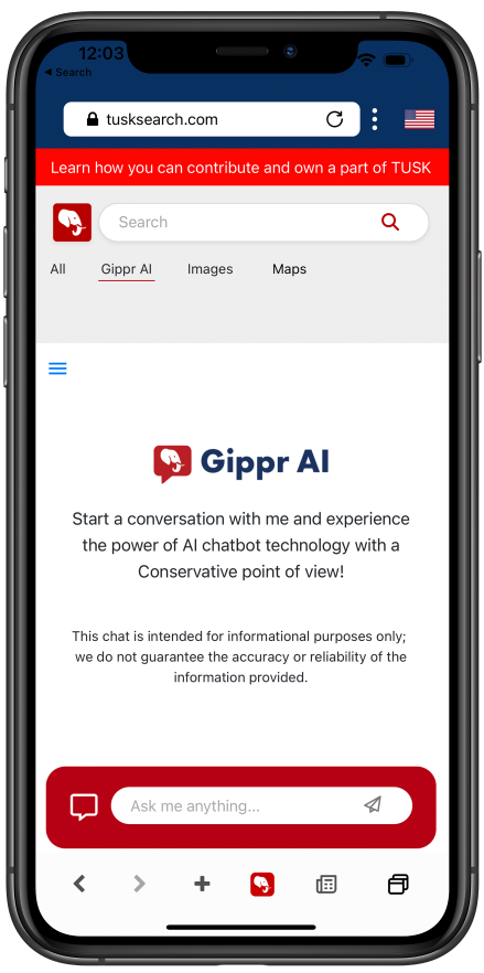 Gippr AI home screen in TUSK Browser app